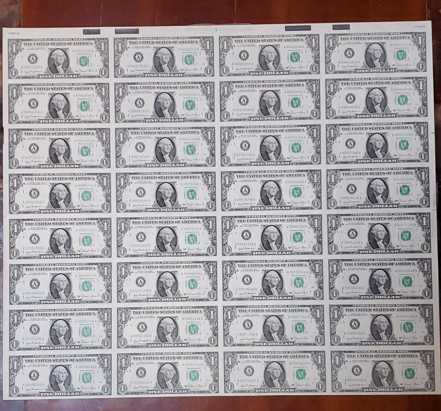 Uncut Currency Sheet of 32 Notes $1 Dollar Bills 1981 FRN Souvenir Sheet CH AU