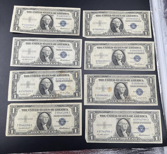 Lot of 8 1935 $1 One Dollar Blue Seal Silver Certificates Fine + Conditions