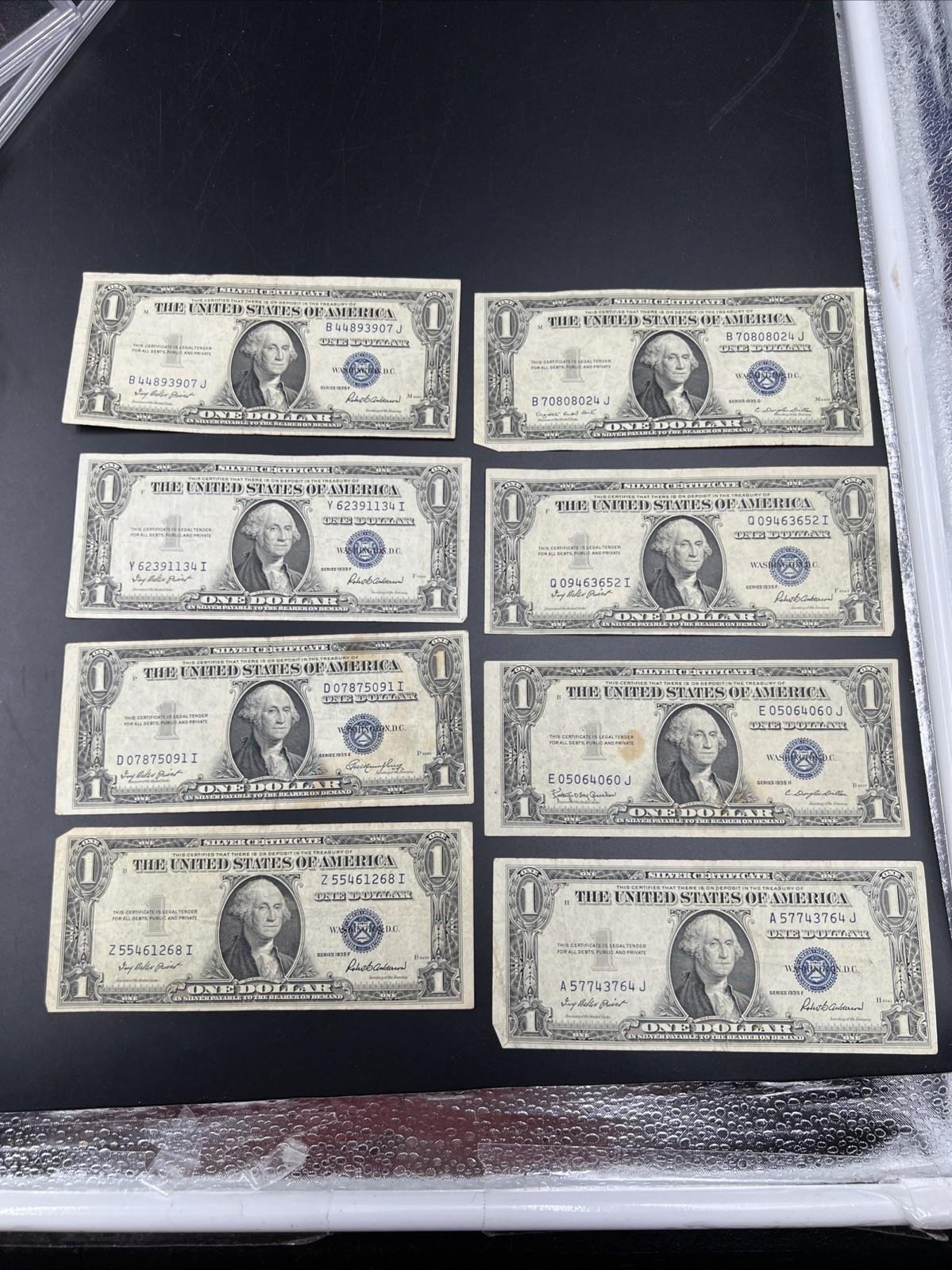 Lot of 8 1935 $1 One Dollar Blue Seal Silver Certificates Fine + Conditions