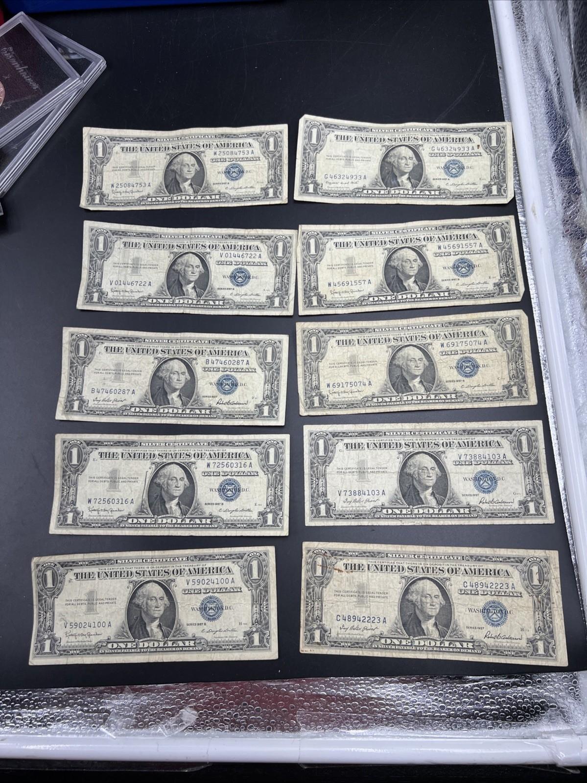 Lot of 10 1957 $1 One Dollar Blue Seal Silver Certificates VG Bills #100