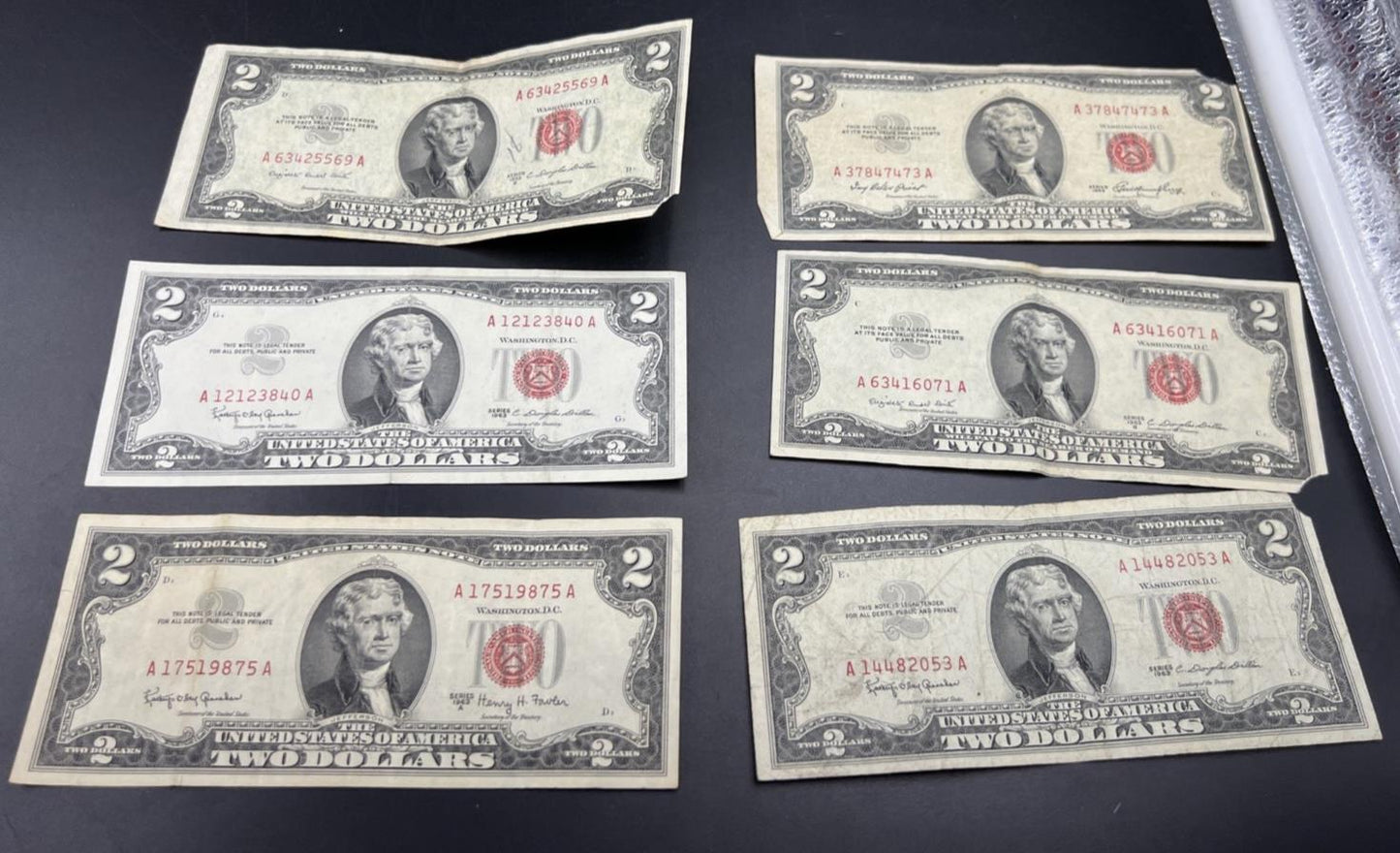 Lot 6 1963 & 1953 $2 Two Dollar Red Seal Bills Very Circulated Conditions #875