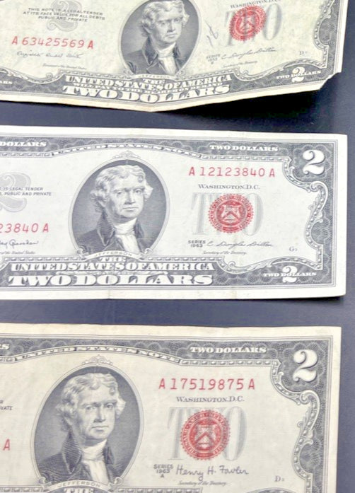 Lot 6 1963 & 1953 $2 Two Dollar Red Seal Bills Very Circulated Conditions #875