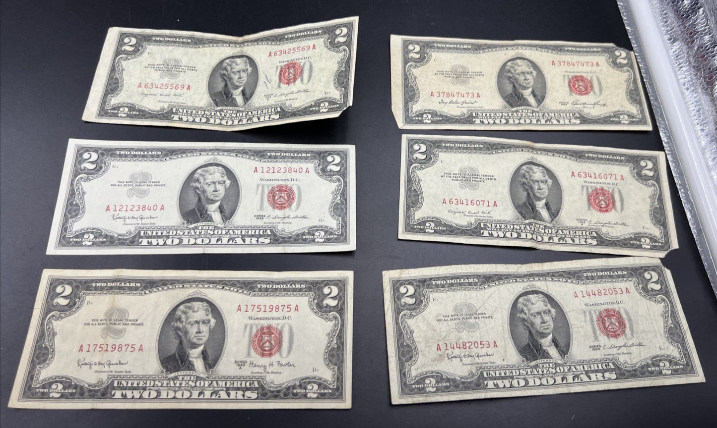 Lot 6 1963 & 1953 $2 Two Dollar Red Seal Bills Very Circulated Conditions #875