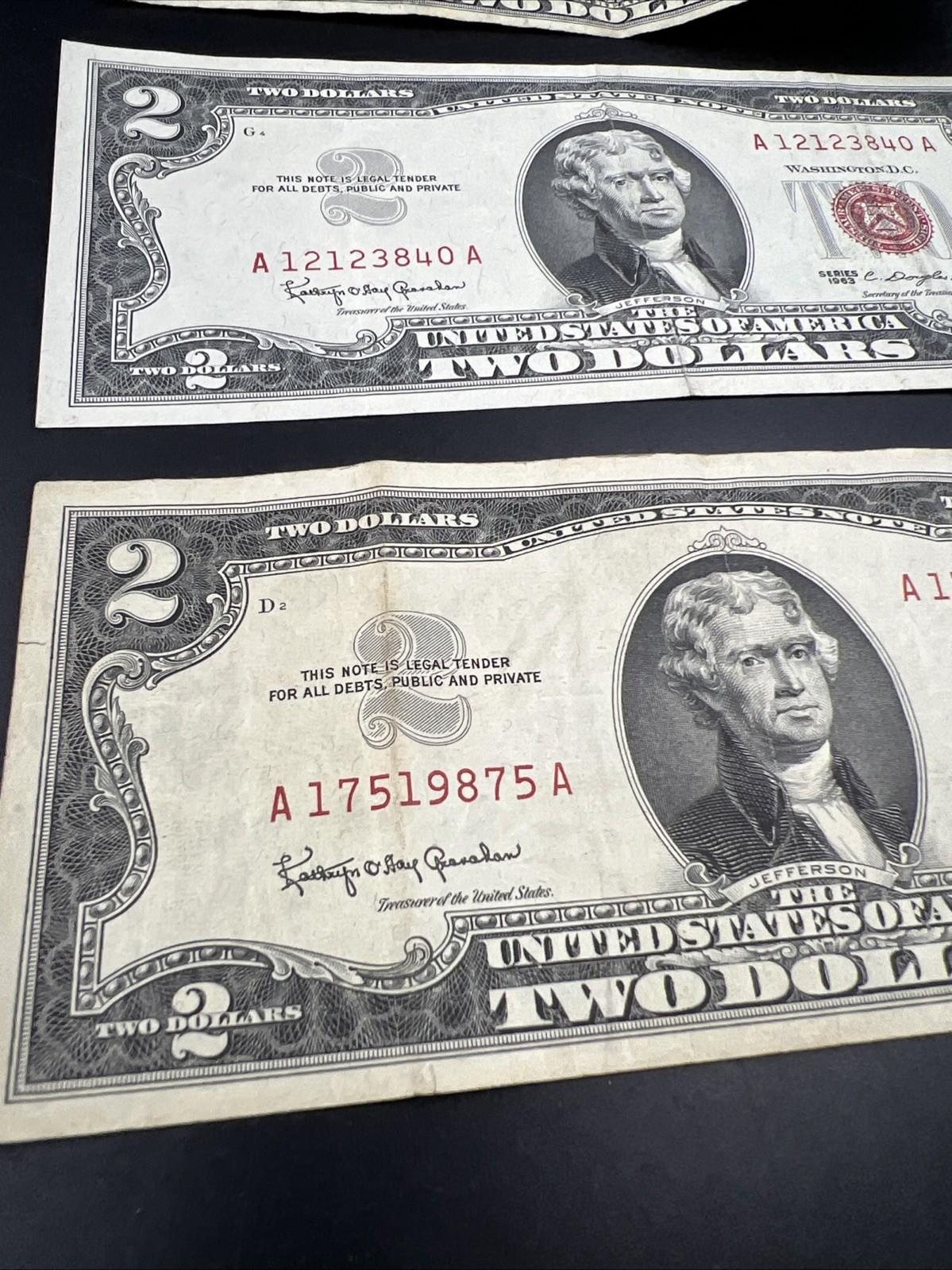 Lot 6 1963 & 1953 $2 Two Dollar Red Seal Bills Very Circulated Conditions #875