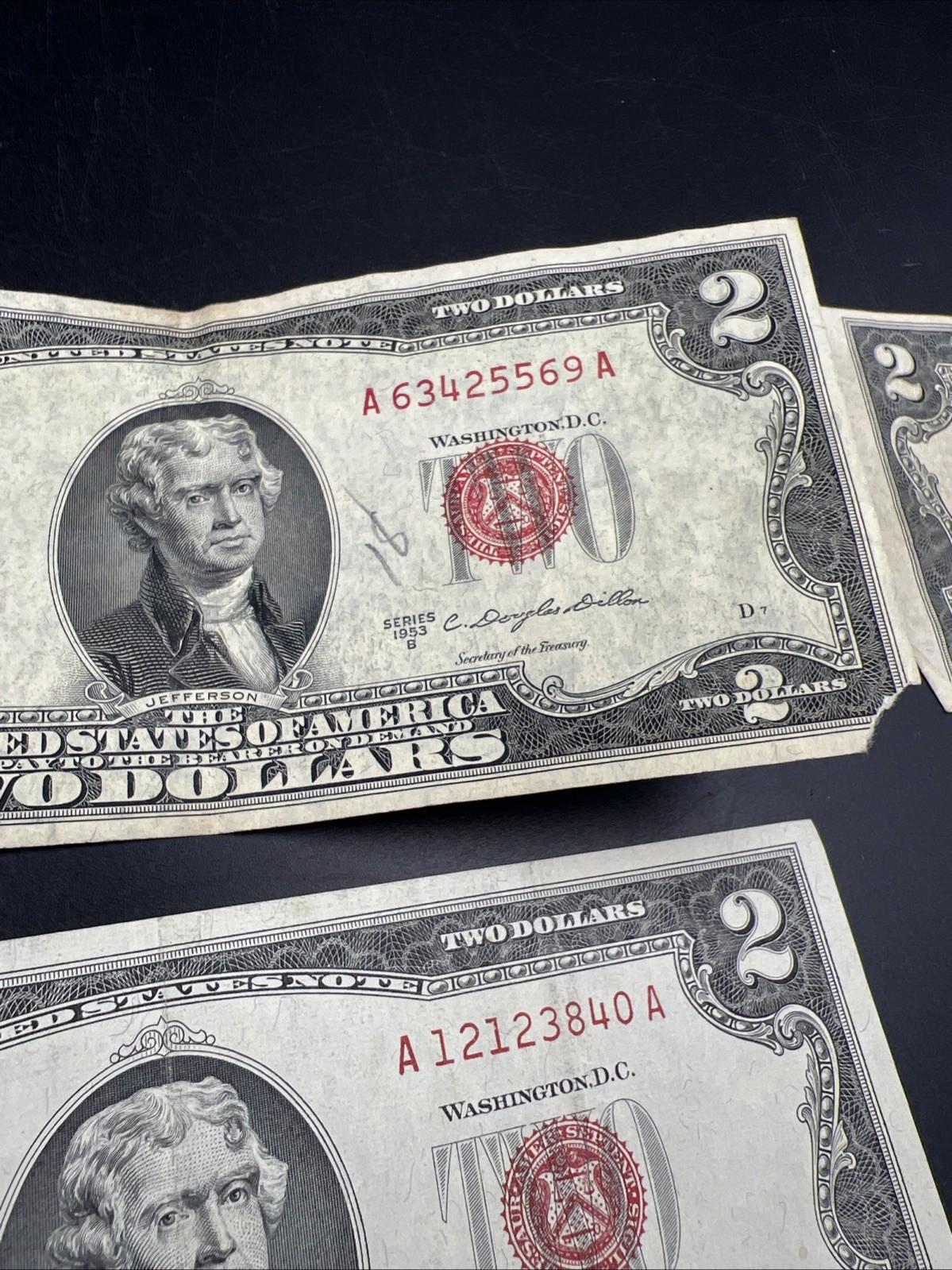Lot 6 1963 & 1953 $2 Two Dollar Red Seal Bills Very Circulated Conditions #875