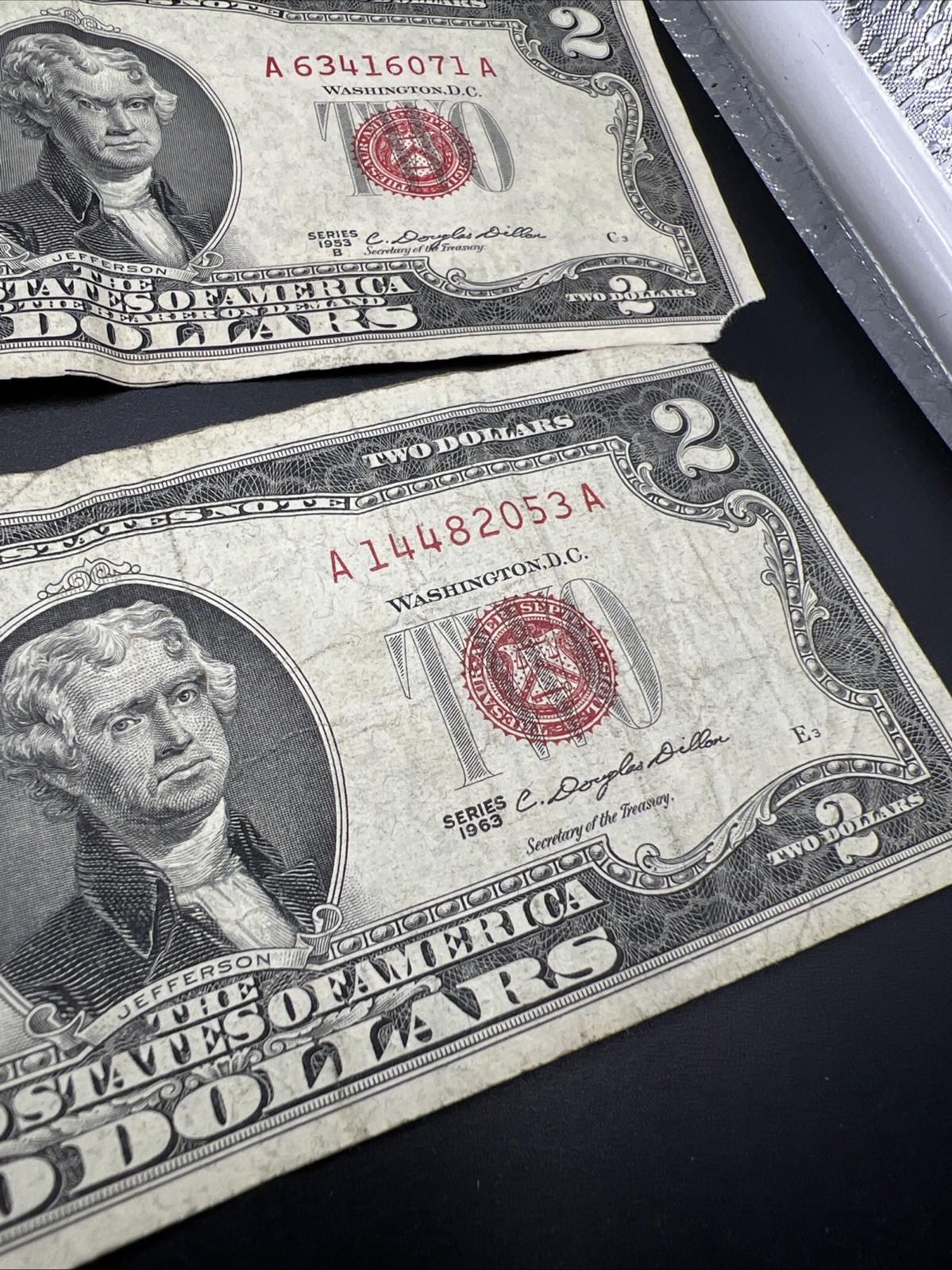 Lot 6 1963 & 1953 $2 Two Dollar Red Seal Bills Very Circulated Conditions #875