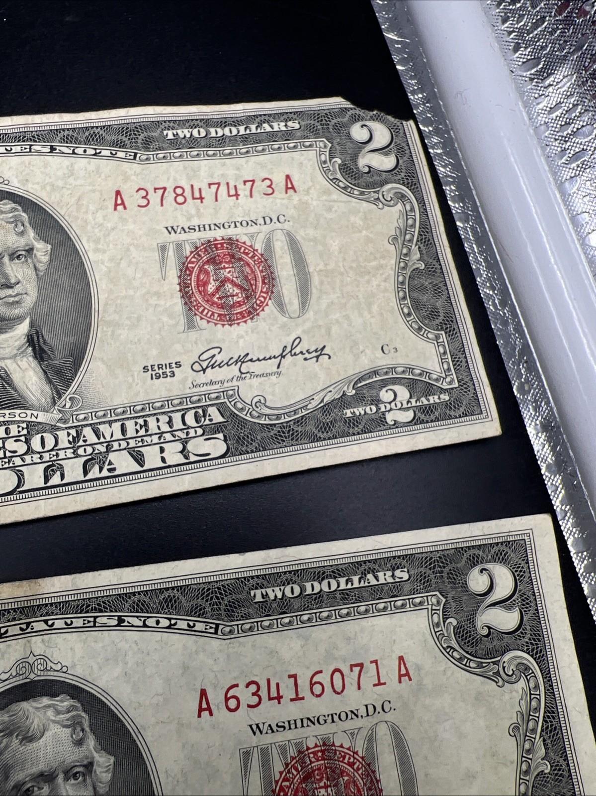 Lot 6 1963 & 1953 $2 Two Dollar Red Seal Bills Very Circulated Conditions #875