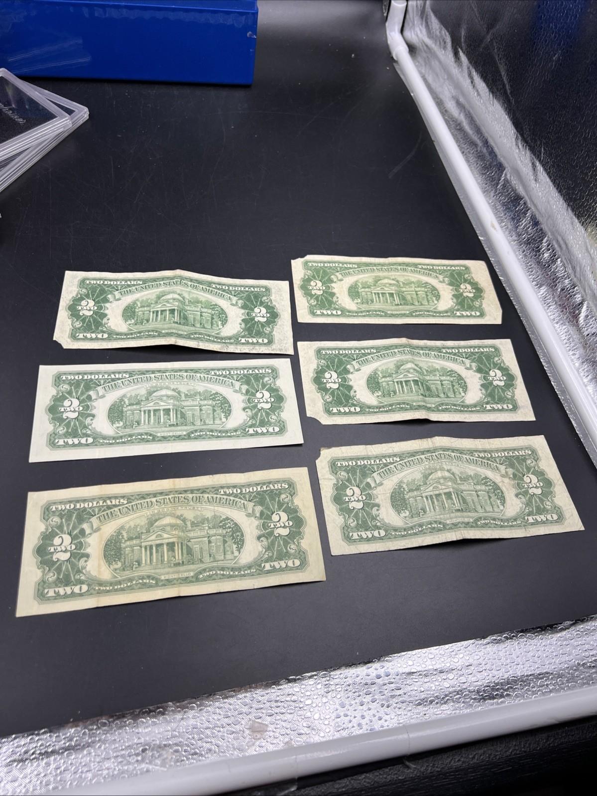 Lot 6 1963 & 1953 $2 Two Dollar Red Seal Bills Very Circulated Conditions #875