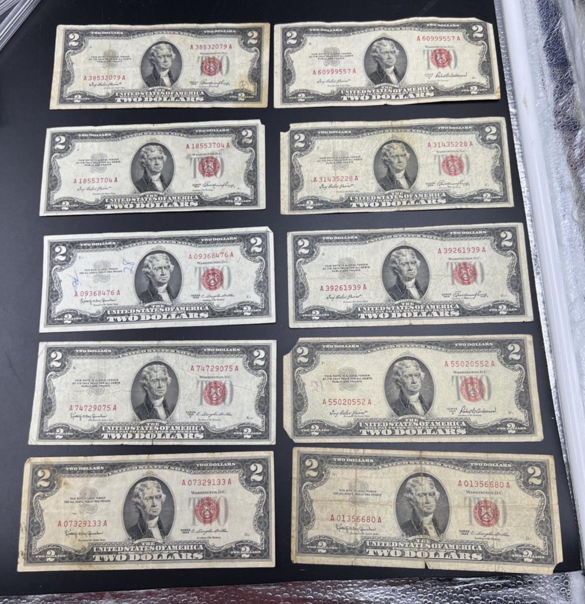 Lot 10 1963 & 1953 $2 Two Dollar Red Seal Bills Very Circulated Conditions #33A