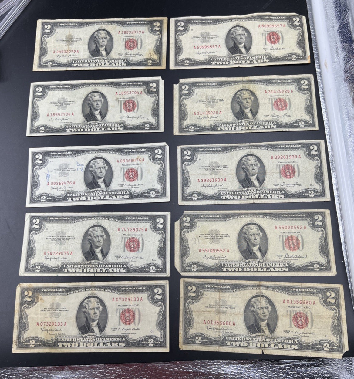 Lot 10 1963 & 1953 $2 Two Dollar Red Seal Bills Very Circulated Conditions #33A