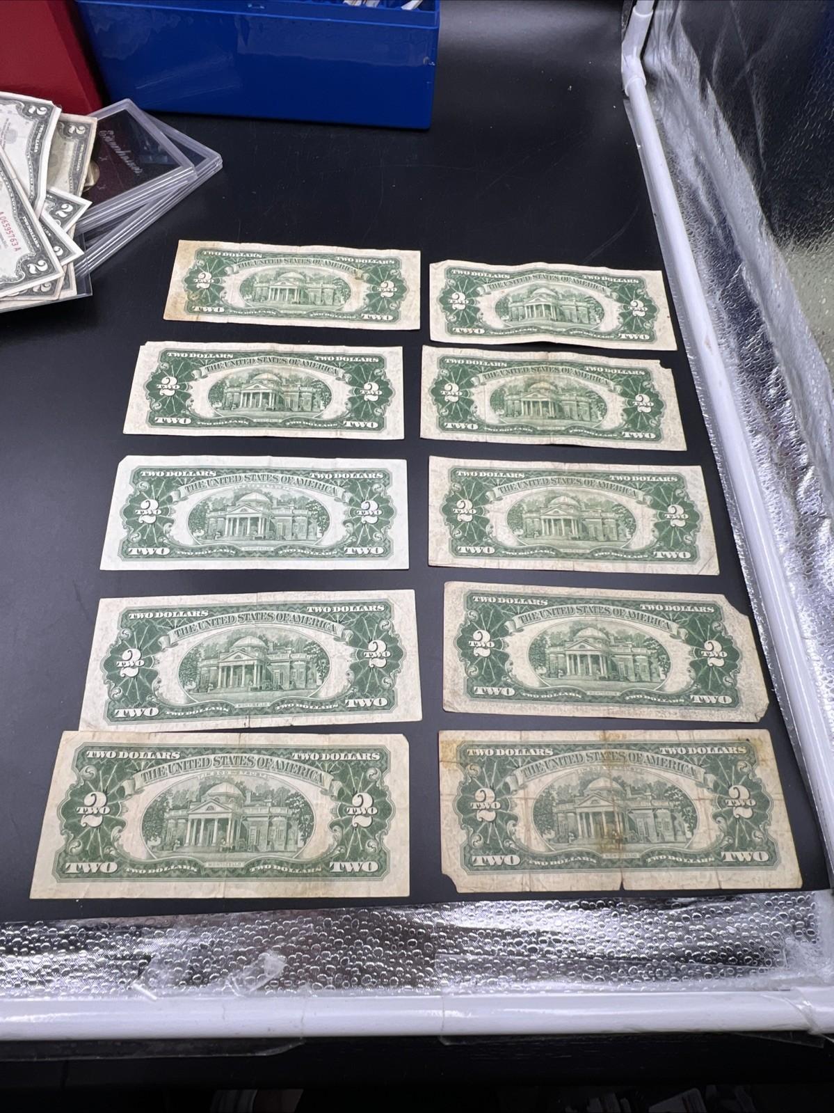 Lot 10 1963 & 1953 $2 Two Dollar Red Seal Bills Very Circulated Conditions #33A