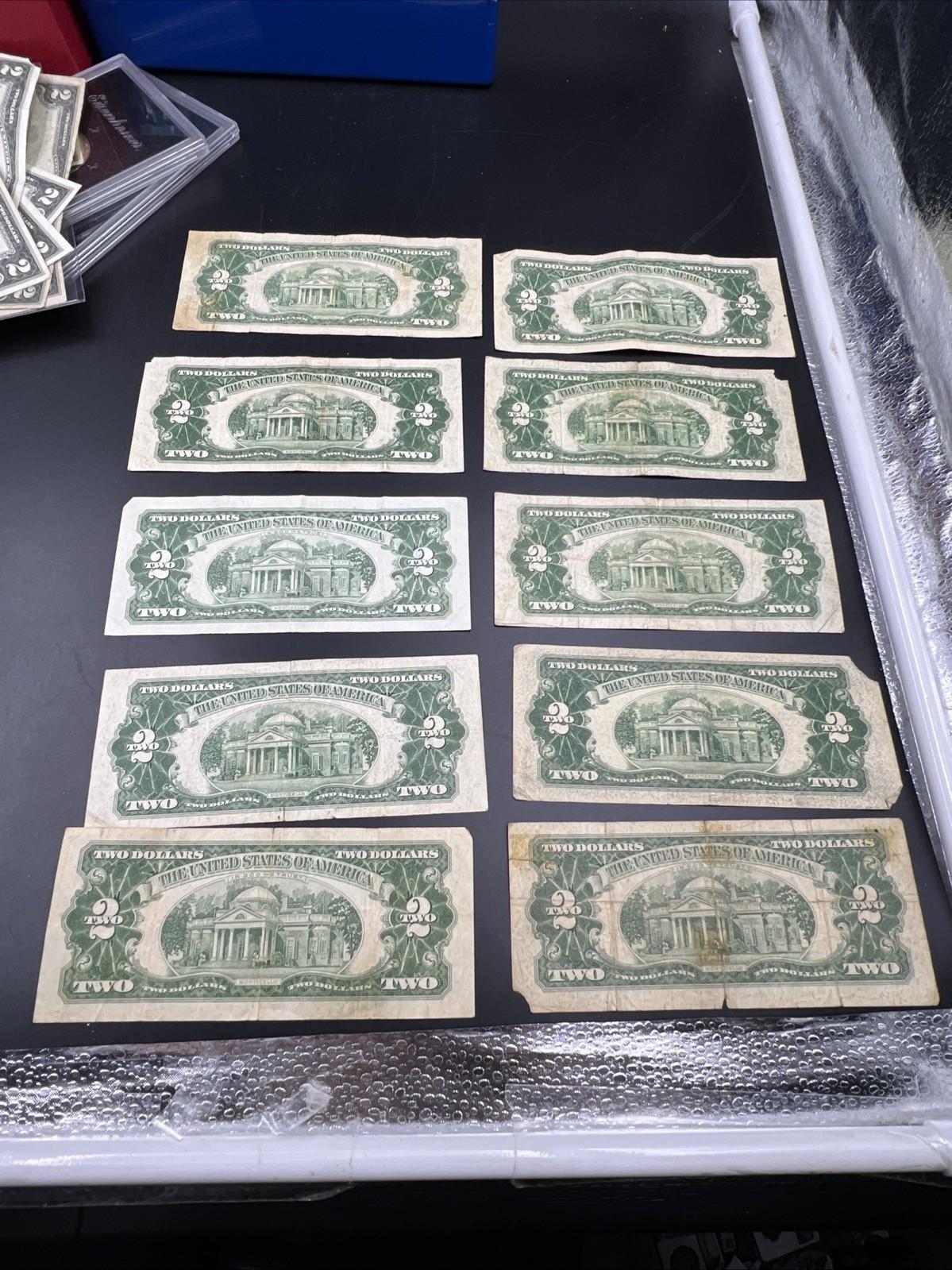 Lot 10 1963 & 1953 $2 Two Dollar Red Seal Bills Very Circulated Conditions #33A