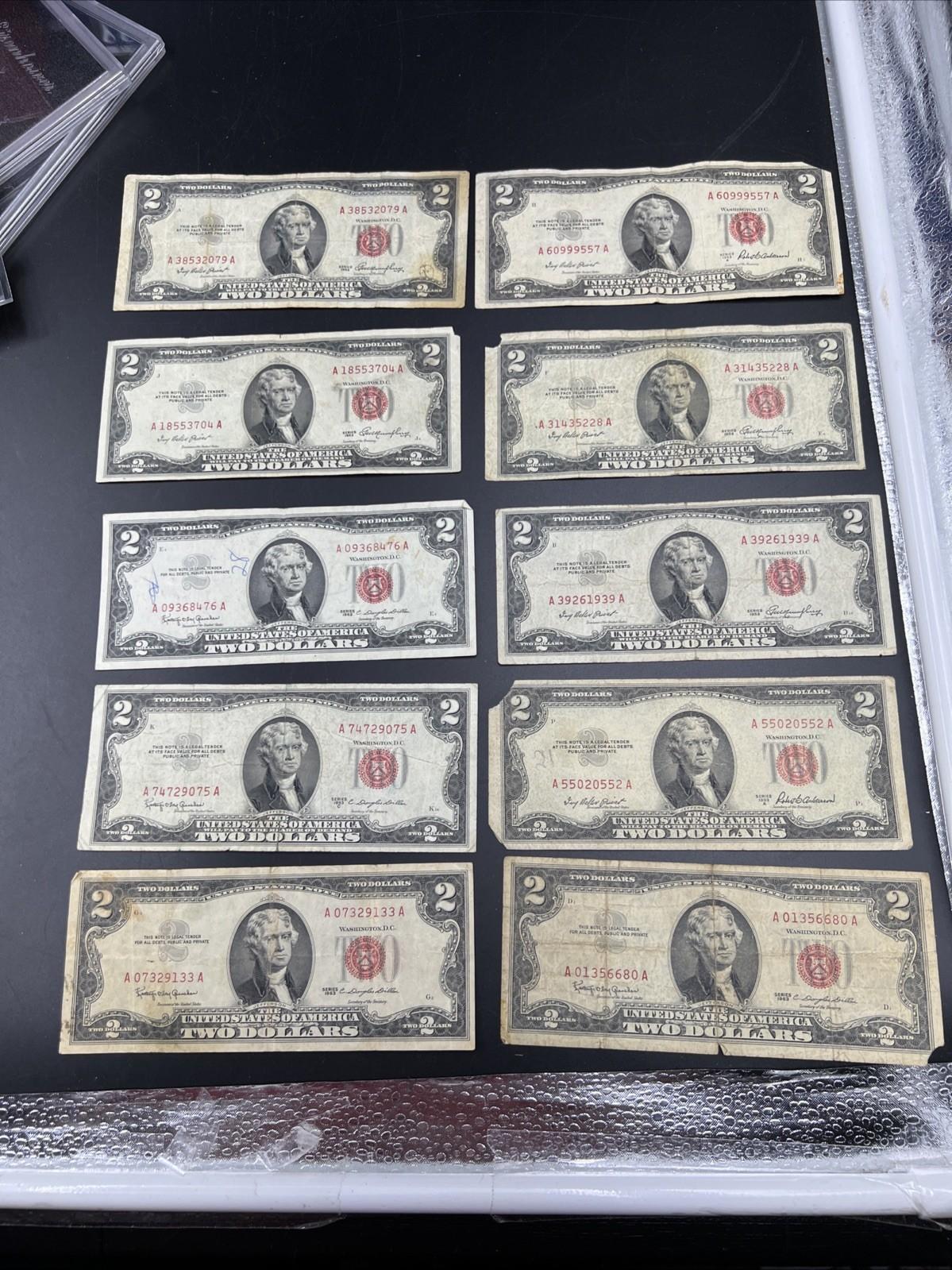 Lot 10 1963 & 1953 $2 Two Dollar Red Seal Bills Very Circulated Conditions #33A