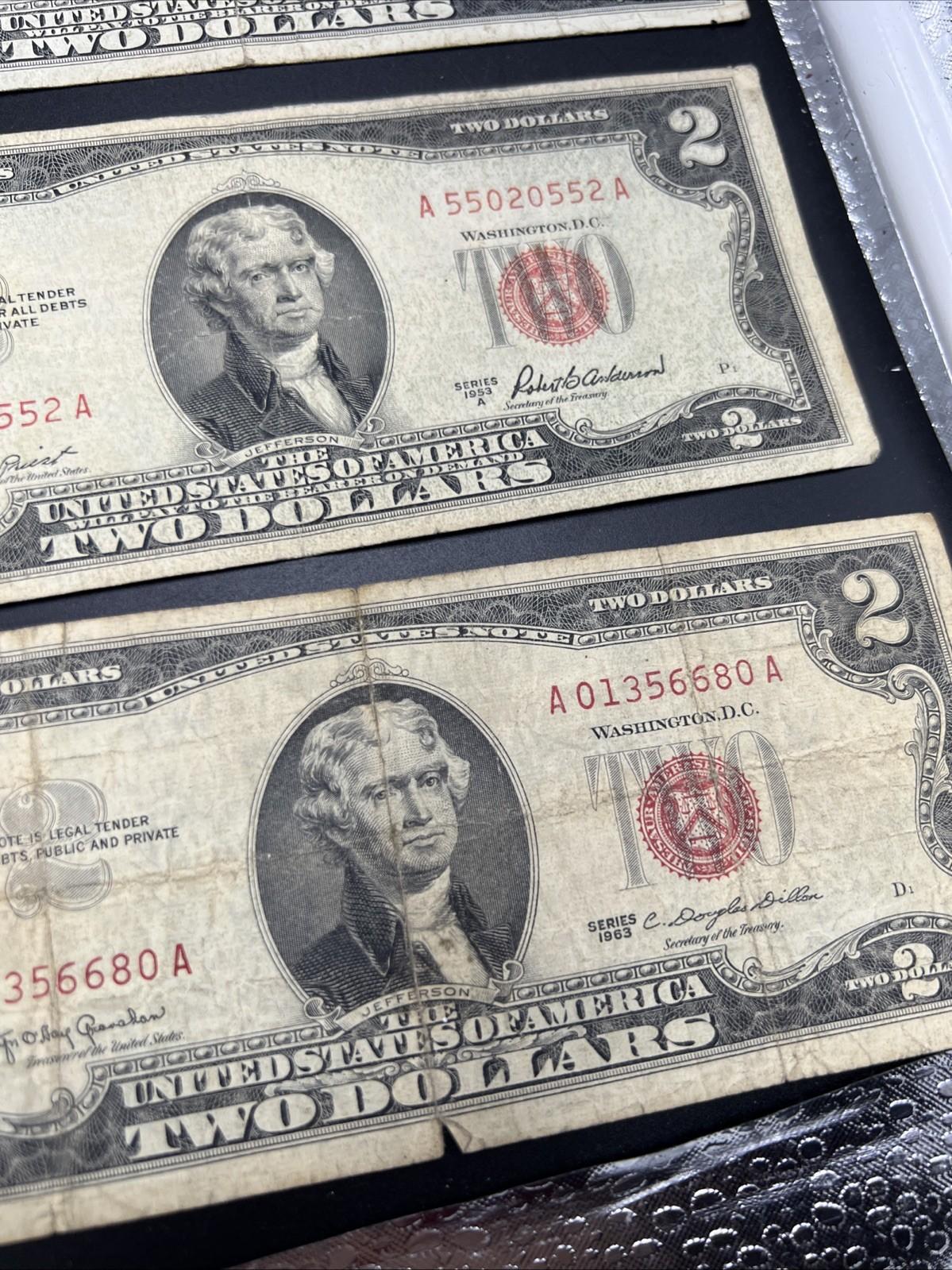 Lot 10 1963 & 1953 $2 Two Dollar Red Seal Bills Very Circulated Conditions #33A