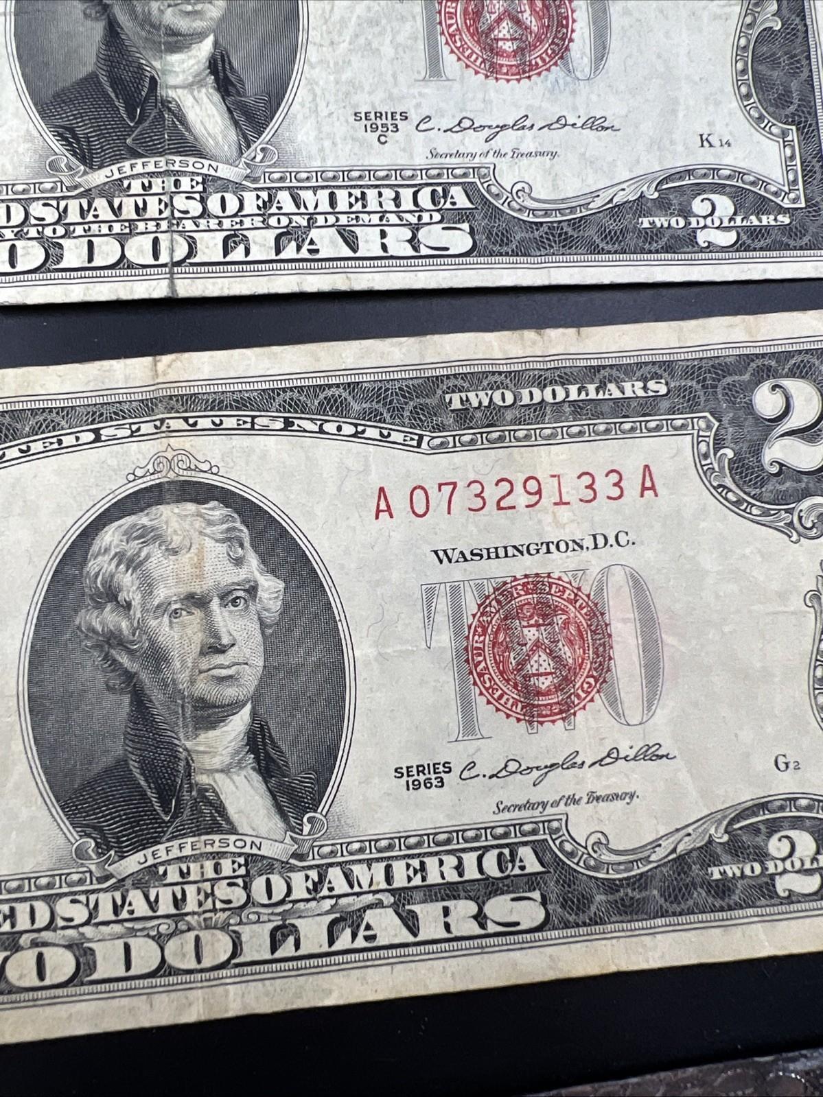 Lot 10 1963 & 1953 $2 Two Dollar Red Seal Bills Very Circulated Conditions #33A