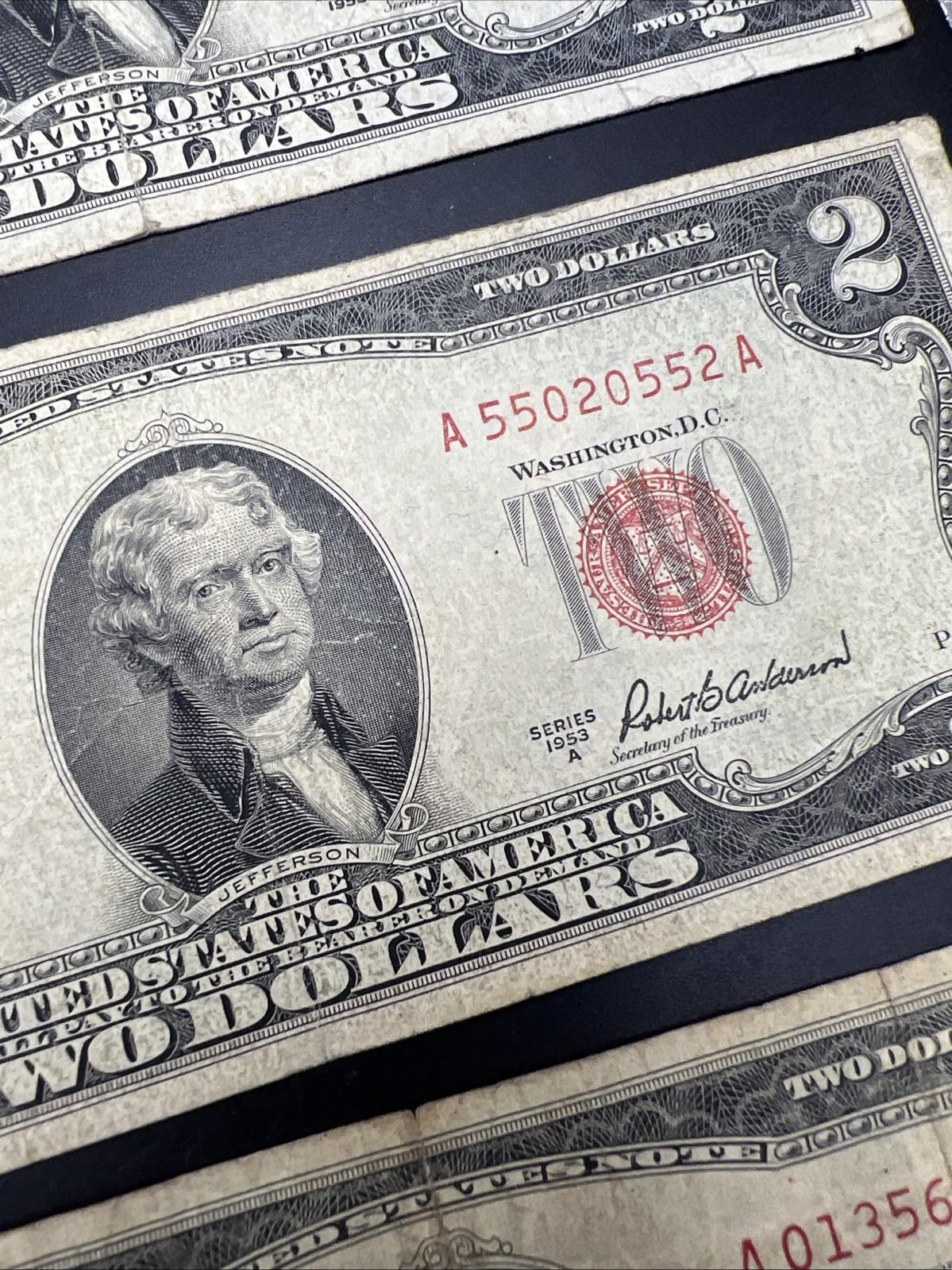 Lot 10 1963 & 1953 $2 Two Dollar Red Seal Bills Very Circulated Conditions #33A