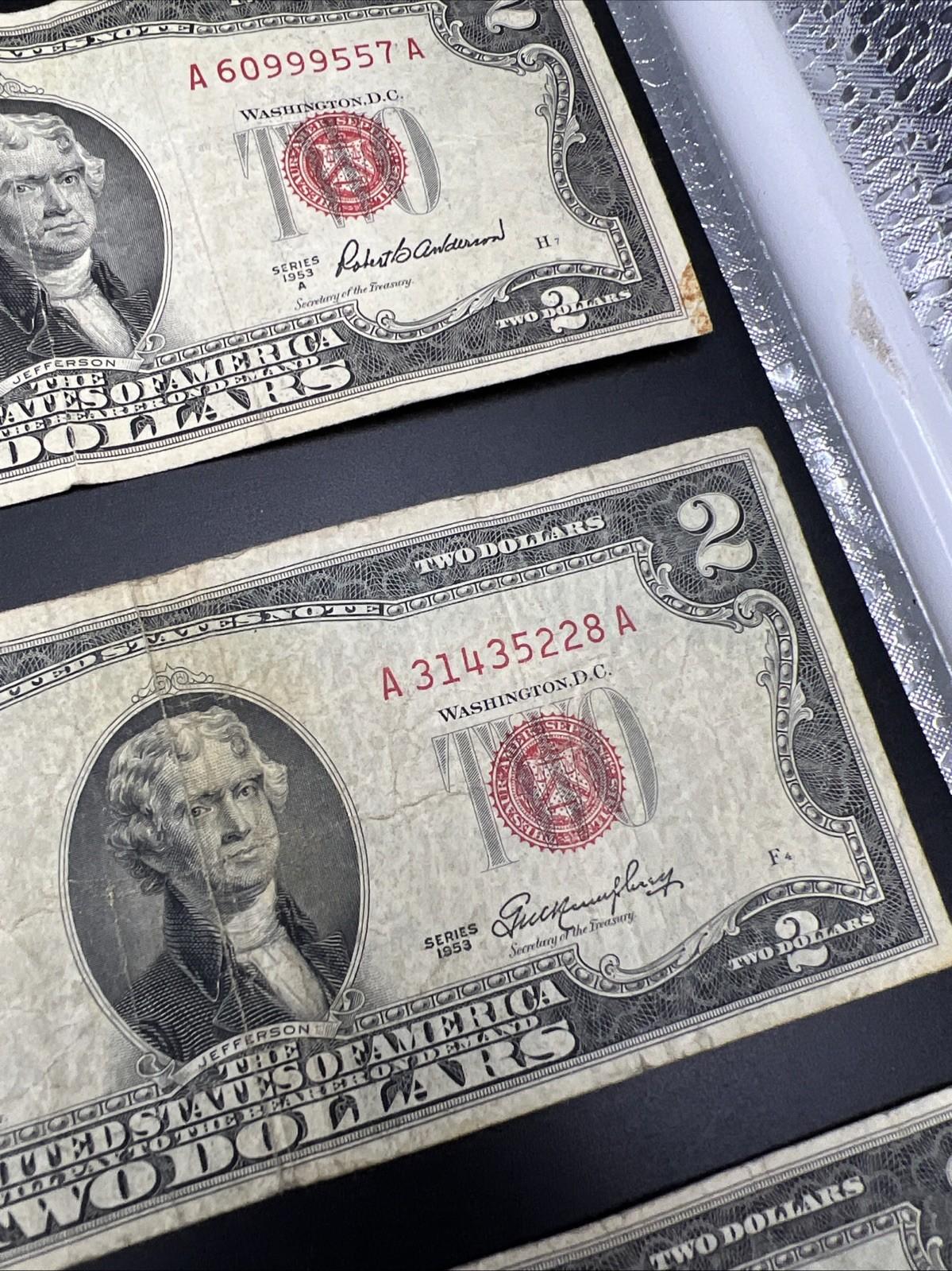 Lot 10 1963 & 1953 $2 Two Dollar Red Seal Bills Very Circulated Conditions #33A