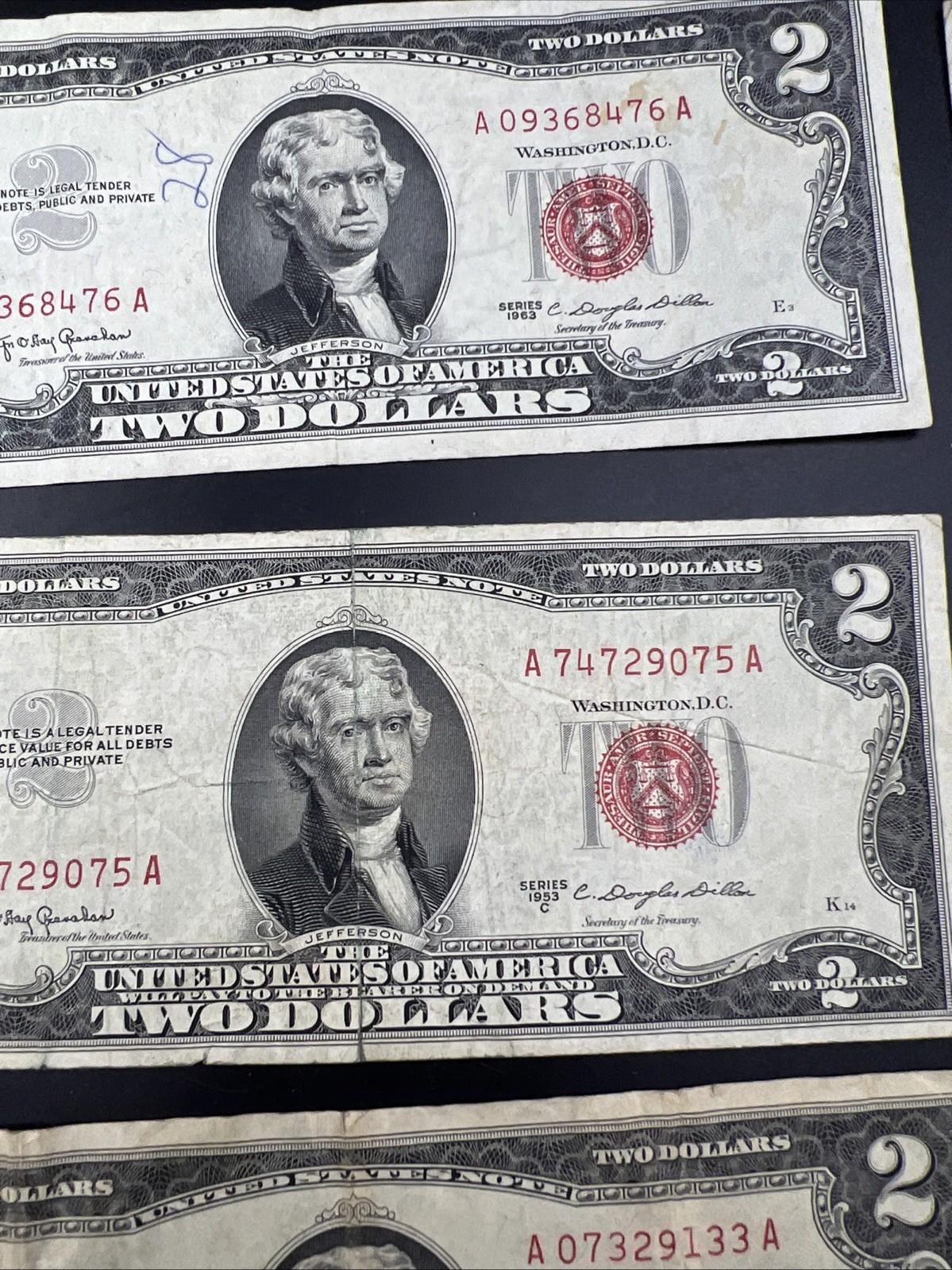 Lot 10 1963 & 1953 $2 Two Dollar Red Seal Bills Very Circulated Conditions #33A
