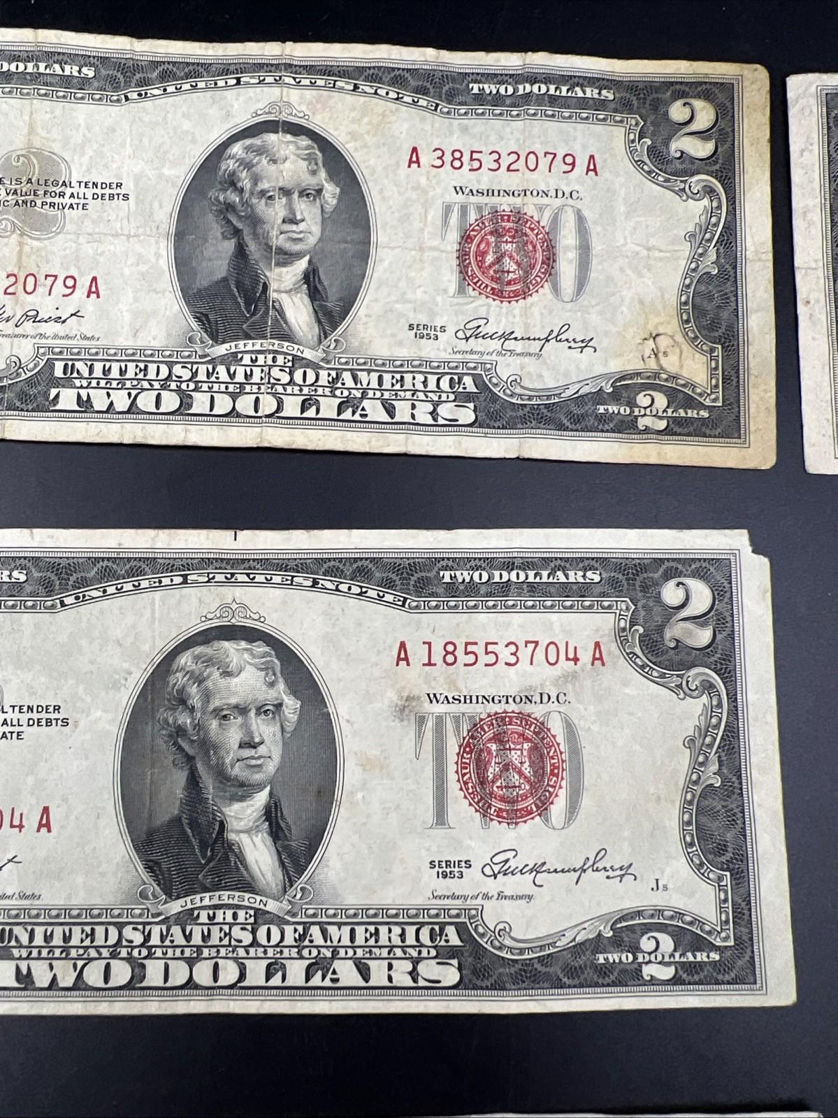 Lot 10 1963 & 1953 $2 Two Dollar Red Seal Bills Very Circulated Conditions #33A