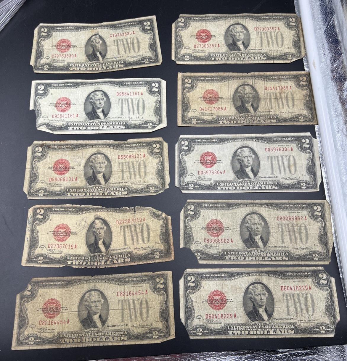 Lot 10 1928 $2 Two Dollar Red Seal Bills Cull Ugly Circulated Conditions #54