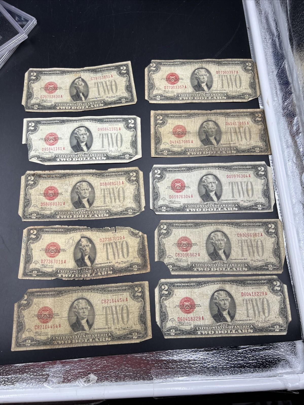 Lot 10 1928 $2 Two Dollar Red Seal Bills Cull Ugly Circulated Conditions #54