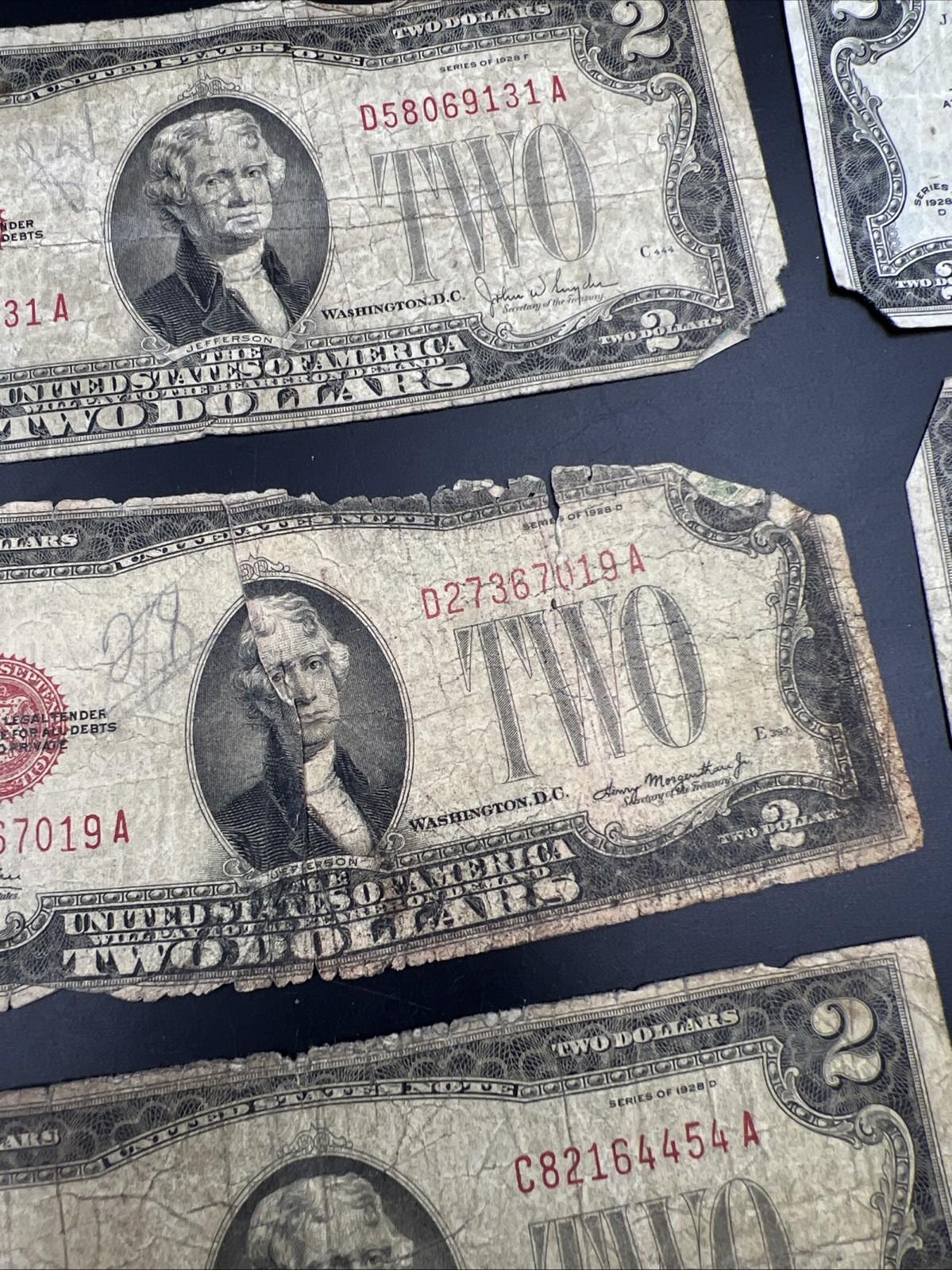 Lot 10 1928 $2 Two Dollar Red Seal Bills Cull Ugly Circulated Conditions #54