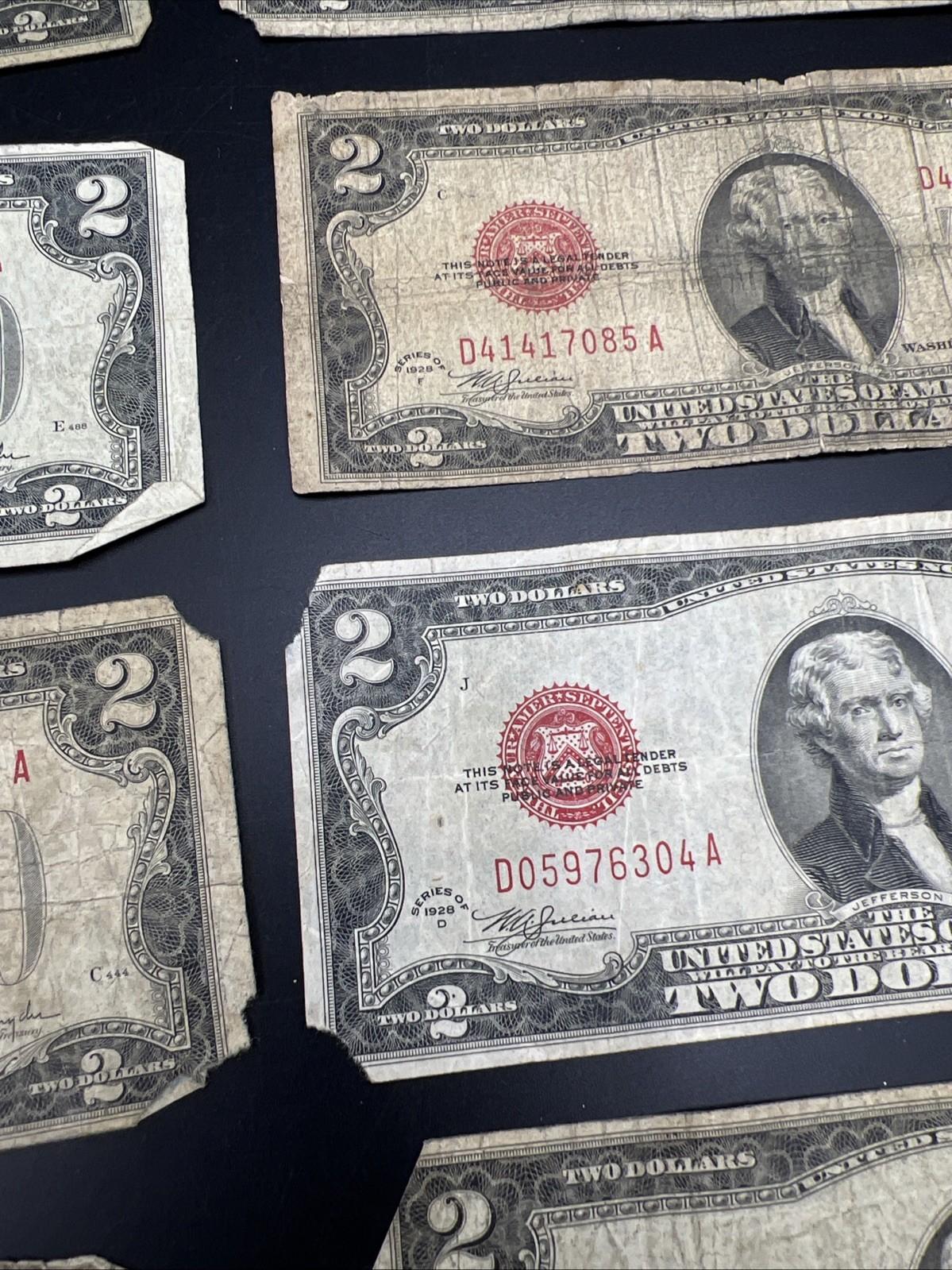 Lot 10 1928 $2 Two Dollar Red Seal Bills Cull Ugly Circulated Conditions #54