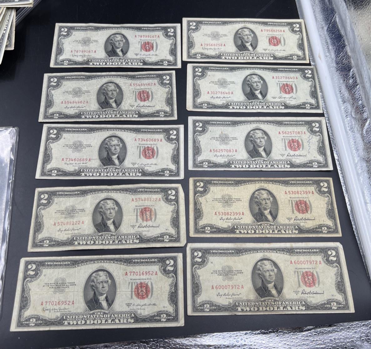 Lot 10 1953 $2 Two Dollar USN Red Seal Bills VG / F Conditions #52