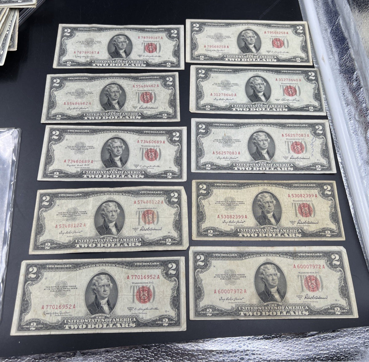 Lot 10 1953 $2 Two Dollar USN Red Seal Bills VG / F Conditions #52
