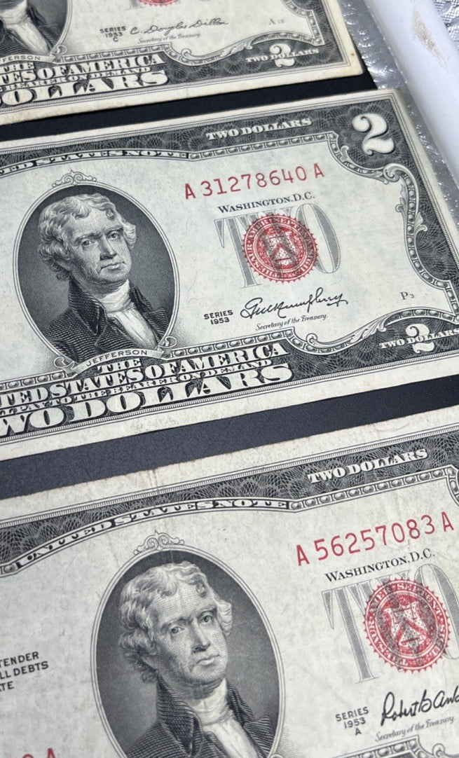 Lot 10 1953 $2 Two Dollar USN Red Seal Bills VG / F Conditions #52