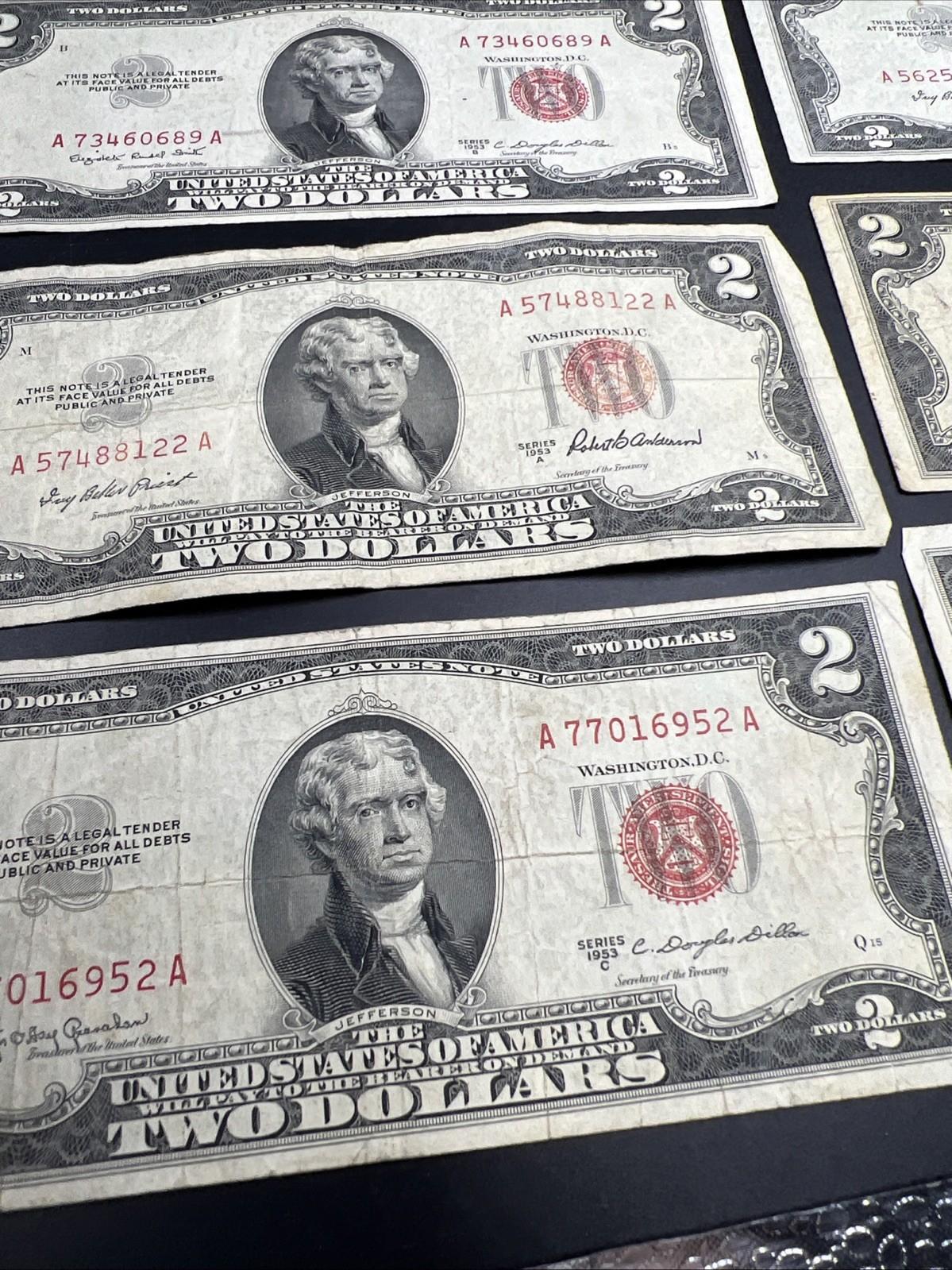 Lot 10 1953 $2 Two Dollar USN Red Seal Bills VG / F Conditions #52