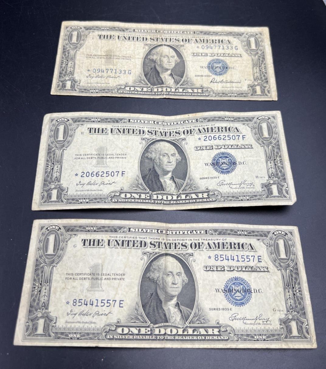 3 Note Lot 1935 E * Star Note Silver Certificate $1 Bills VG / Fine Circ #557