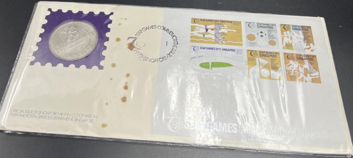 1973 Singapore 5 Dollars SEAP Games Copper Nickel Coin Gem UNC PNC FDOI Cover
