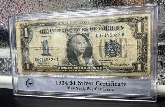 1934 $1 One Dollar Silver Certificate Funny back Note Fine Circ in Plastic Case
