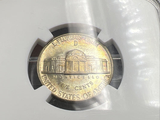 1943 D 5c Jefferson 35% Silver War Nickle NGC MS66 Gem BU Nice Toning Reverse