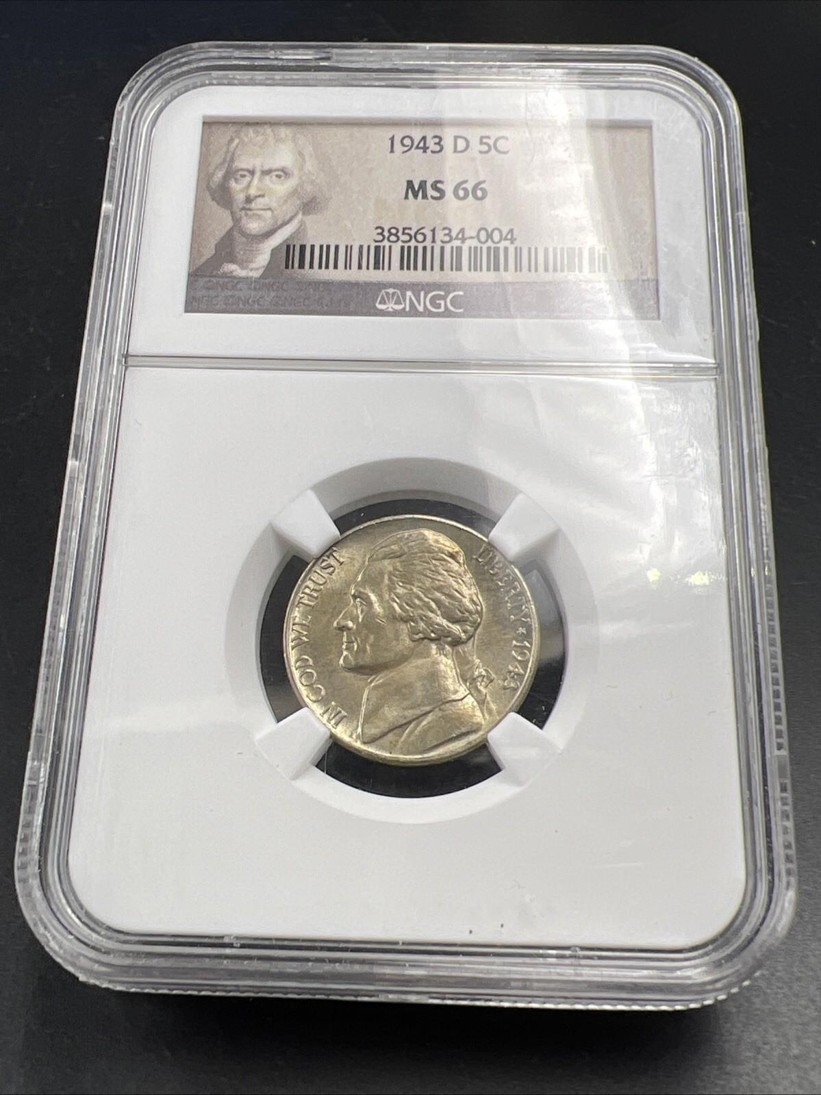 1943 D 5c Jefferson 35% Silver War Nickle NGC MS66 Gem BU Nice Toning Reverse