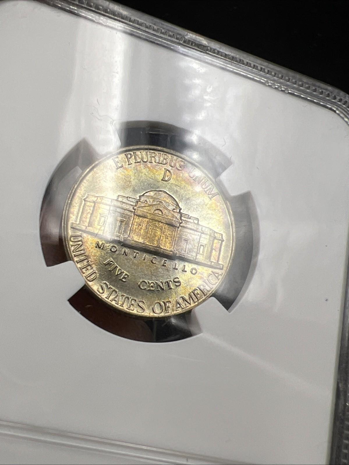 1943 D 5c Jefferson 35% Silver War Nickle NGC MS66 Gem BU Nice Toning Reverse