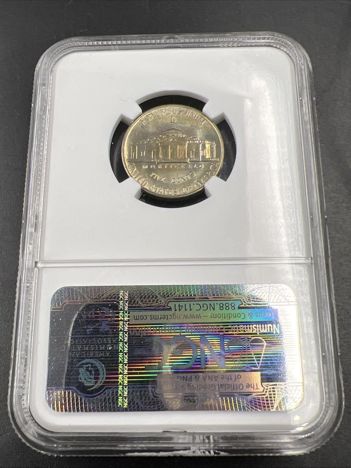 1943 D 5c Jefferson 35% Silver War Nickle NGC MS66 Gem BU Nice Toning Reverse