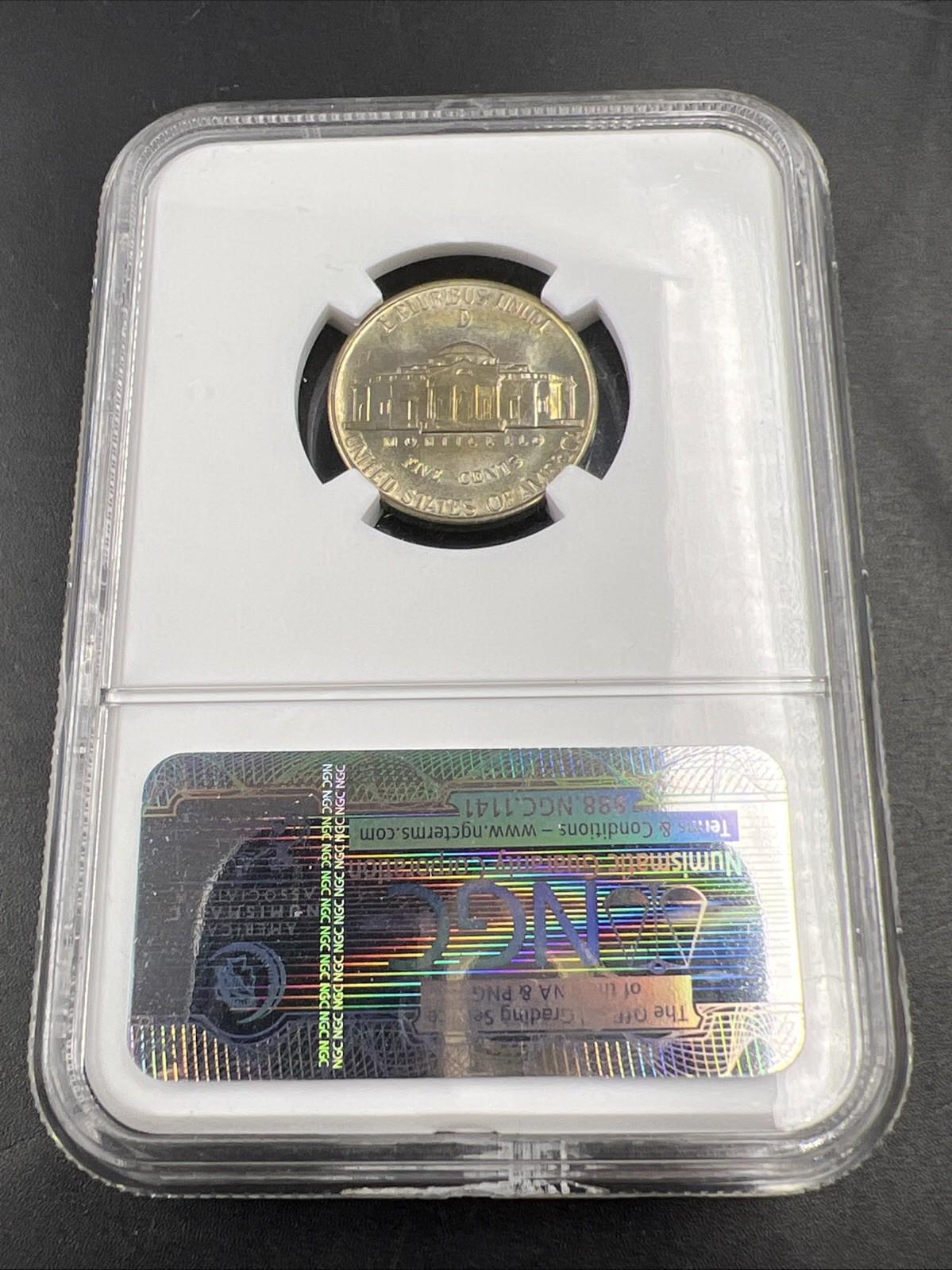 1943 D 5c Jefferson 35% Silver War Nickle NGC MS66 Gem BU Nice Toning Reverse