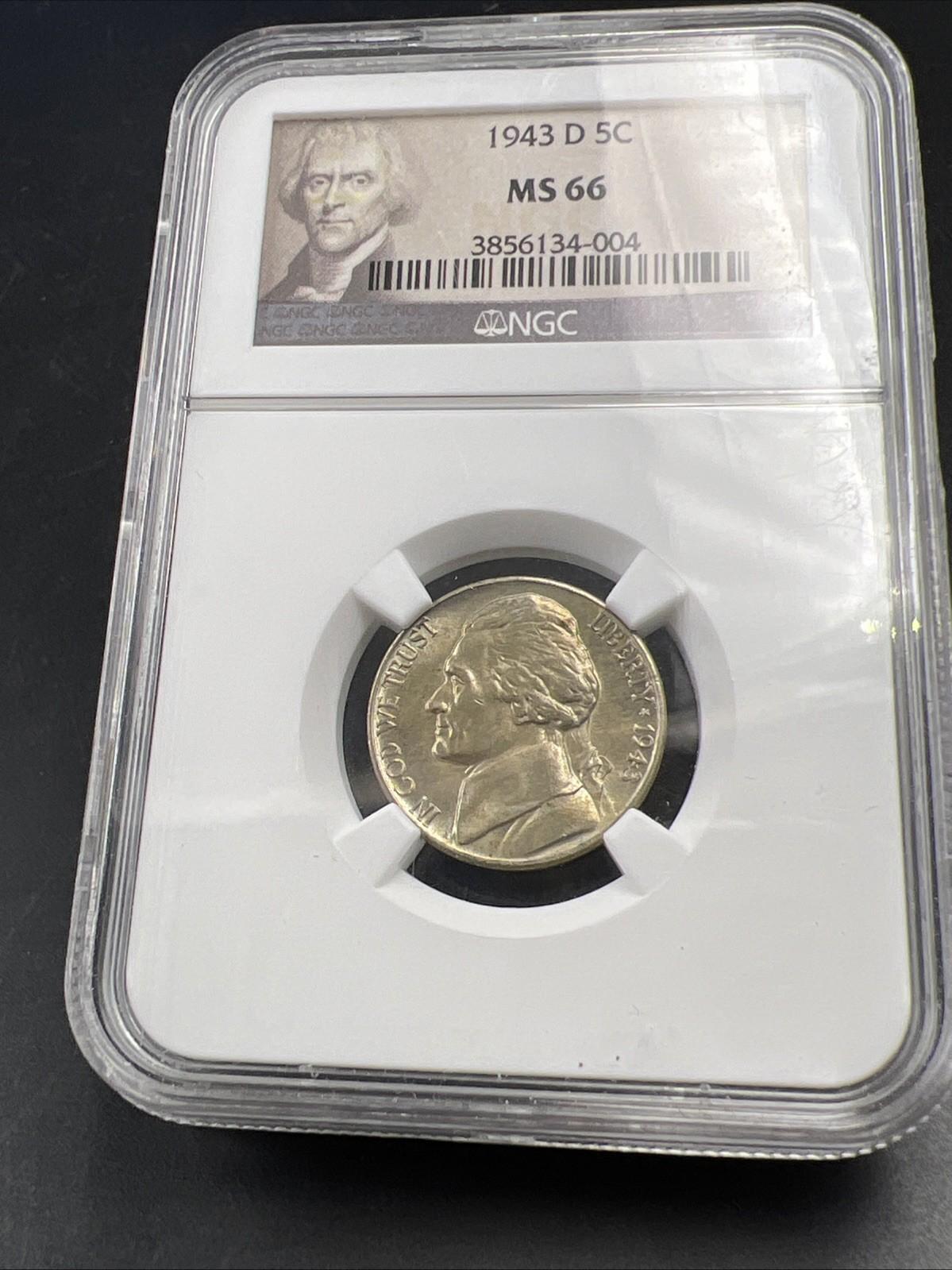 1943 D 5c Jefferson 35% Silver War Nickle NGC MS66 Gem BU Nice Toning Reverse