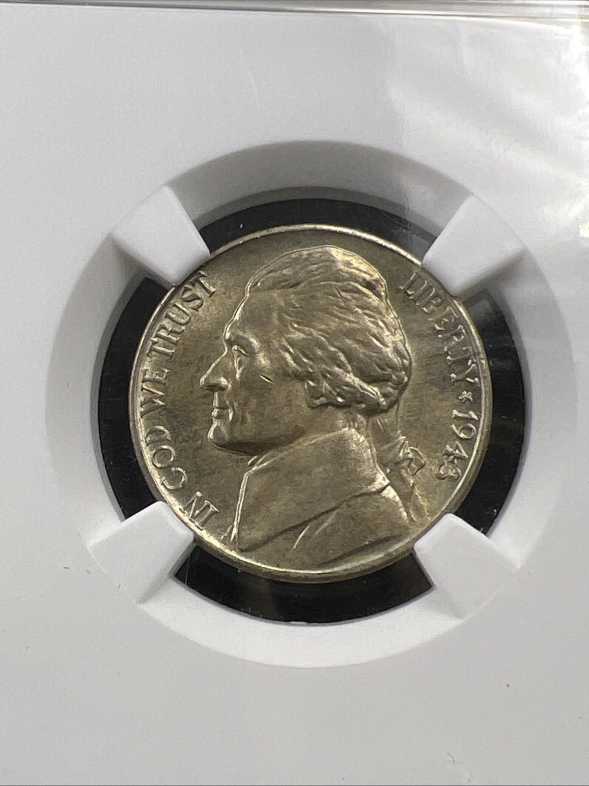 1943 D 5c Jefferson 35% Silver War Nickle NGC MS66 Gem BU Nice Toning Reverse