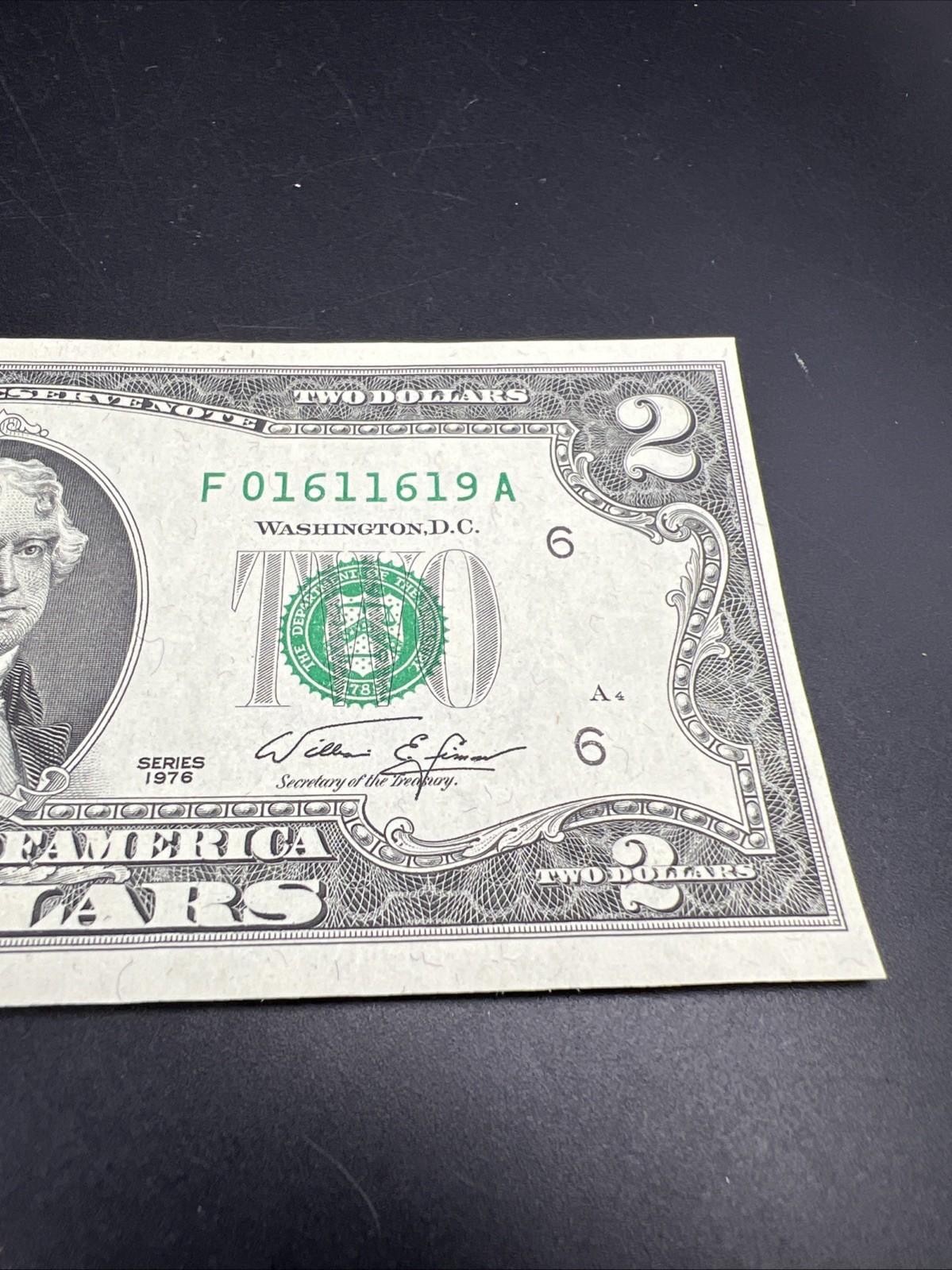 1976 $2 Two Dollar FRN Federal Reserve Note #619 AU About UNC Bicentennial Bill