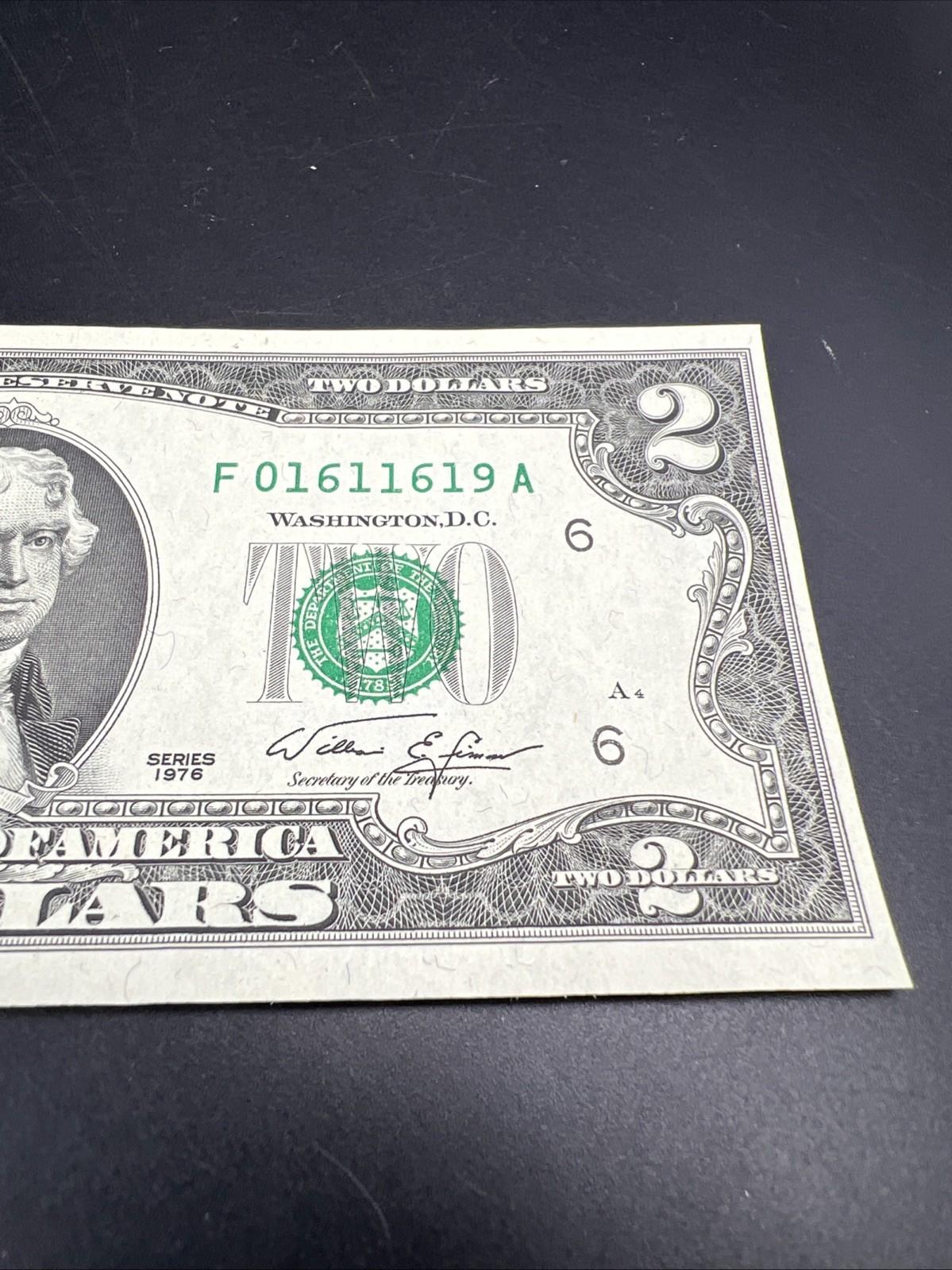 1976 $2 Two Dollar FRN Federal Reserve Note #619 AU About UNC Bicentennial Bill