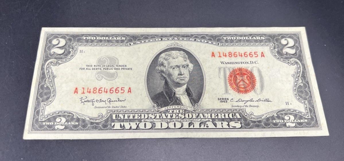 1963 $2 Two Dollar USN Red Seal Legal Tender Note UNC Details water damage #665