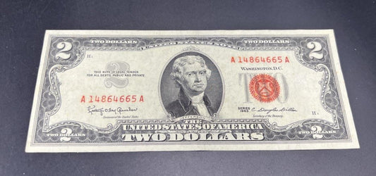1963 $2 Two Dollar USN Red Seal Legal Tender Note UNC Details water damage #665