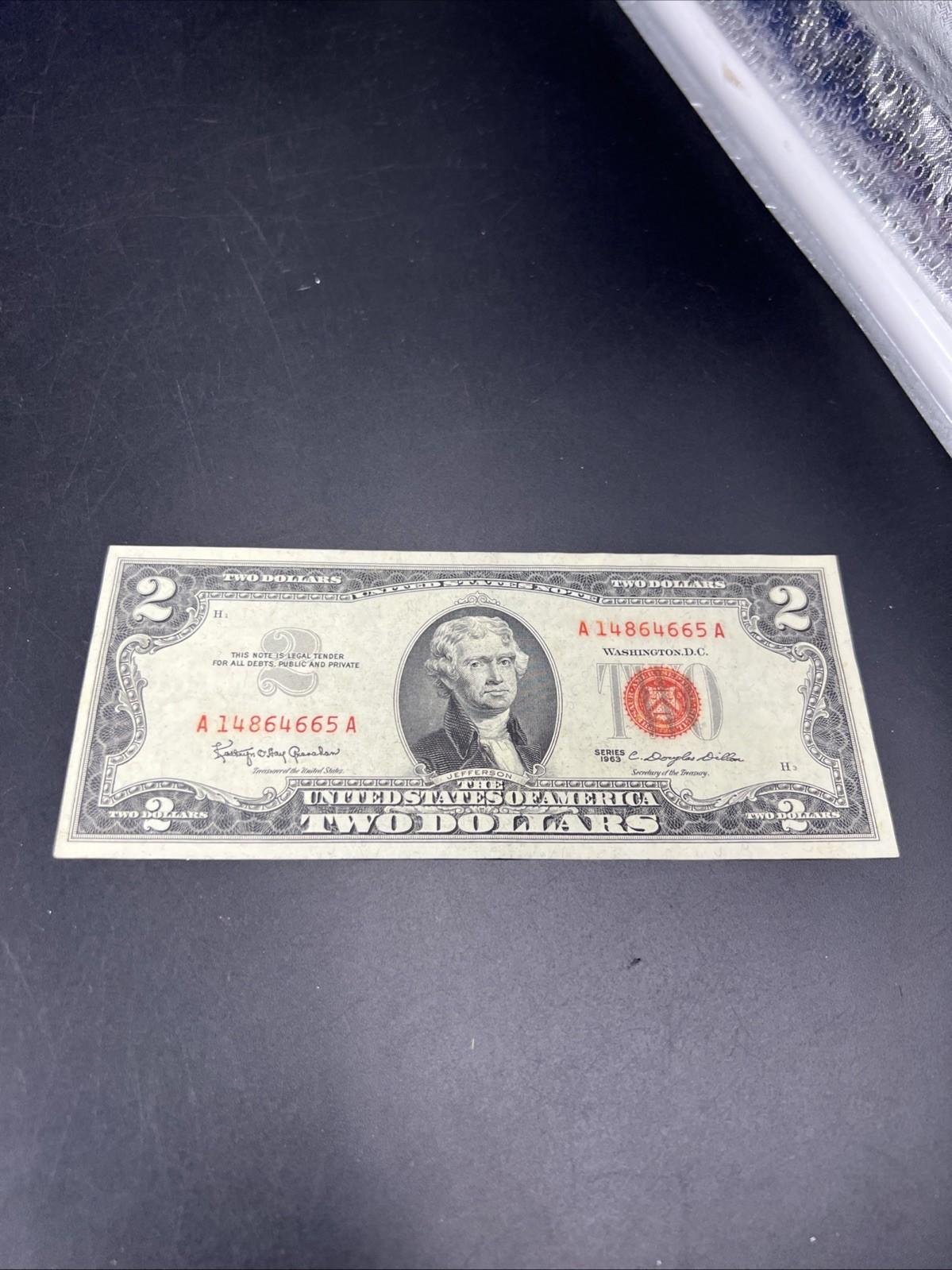 1963 $2 Two Dollar USN Red Seal Legal Tender Note UNC Details water damage #665