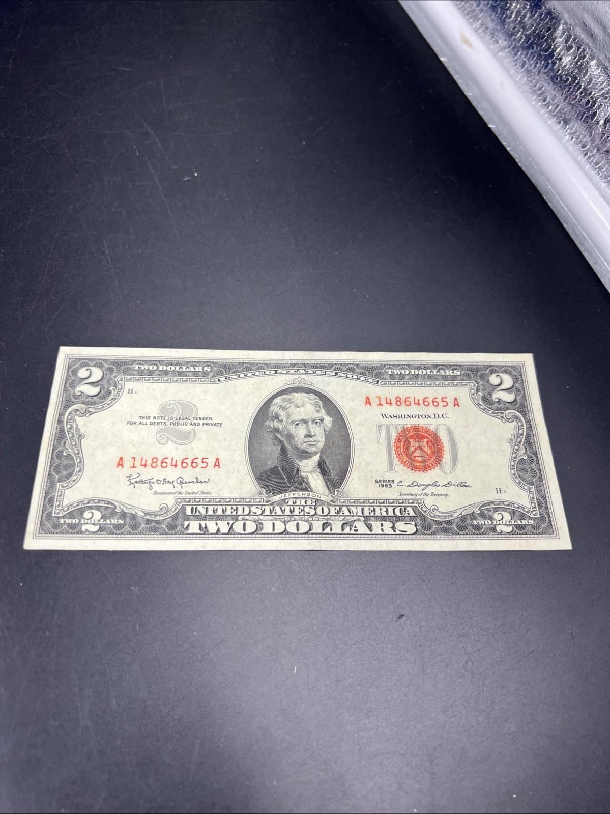 1963 $2 Two Dollar USN Red Seal Legal Tender Note UNC Details water damage #665