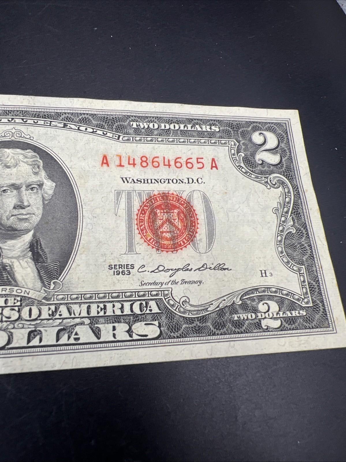 1963 $2 Two Dollar USN Red Seal Legal Tender Note UNC Details water damage #665