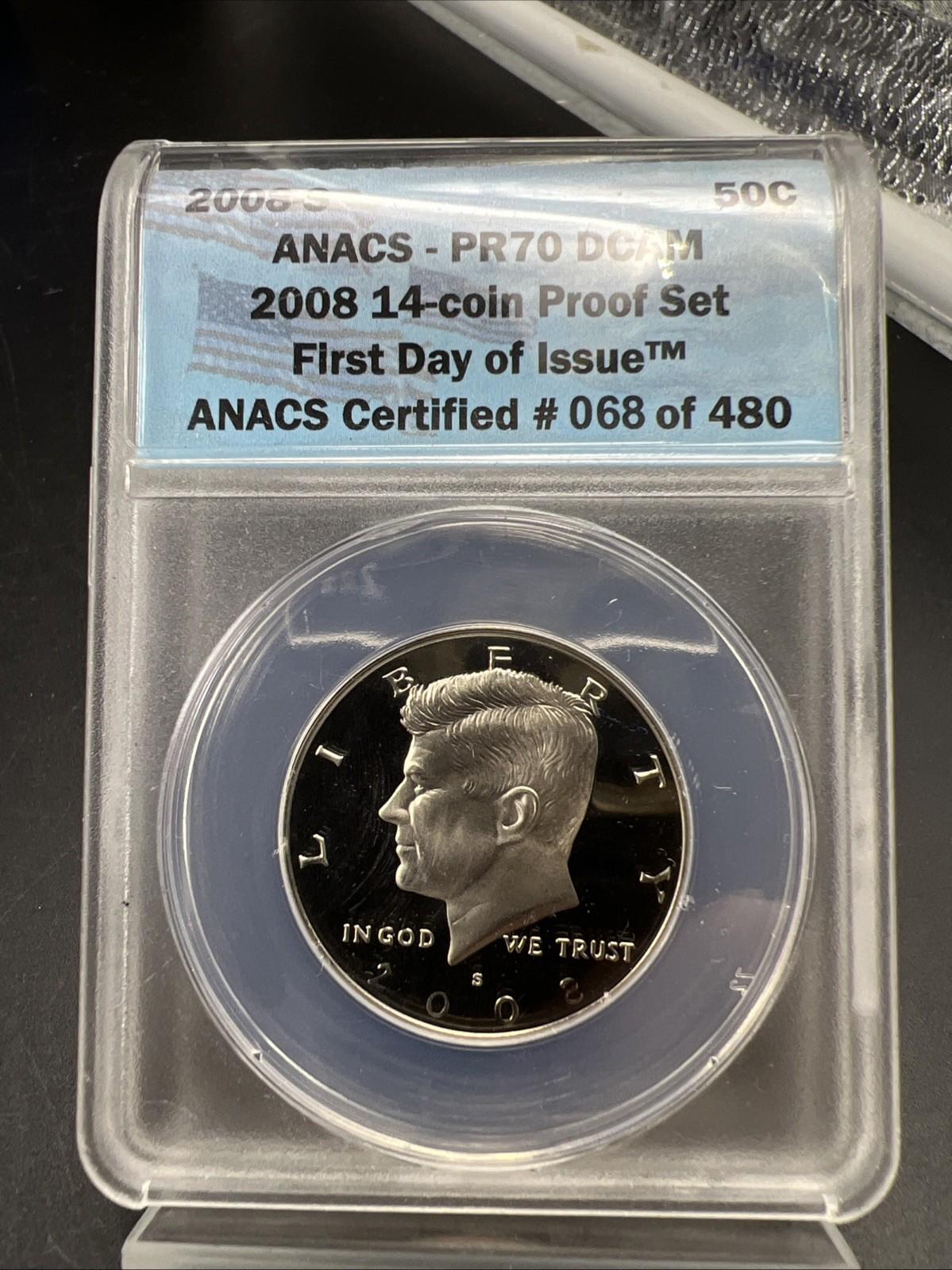 2008 S 50c Kennedy Copper Nickel Clad Proof Half Dollar PR70 DCAM ANACS FDOI #68