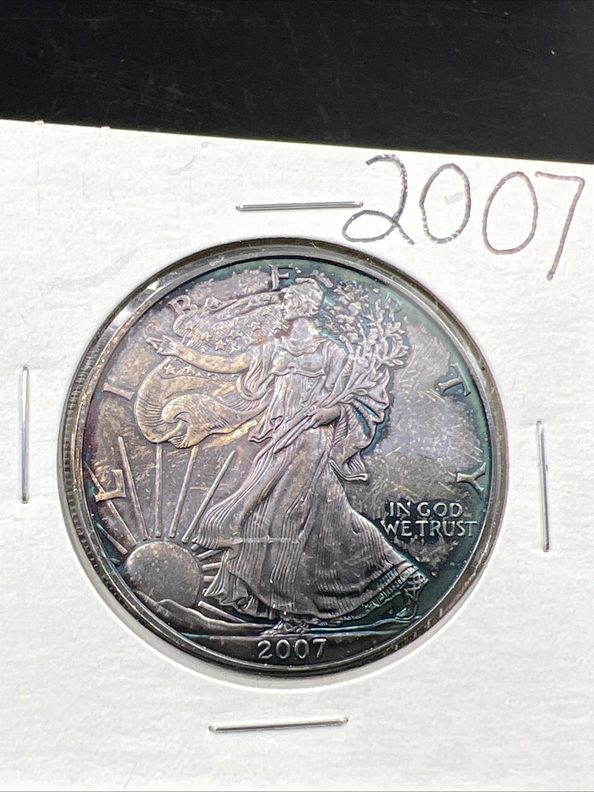 2007 1 OZ American Silver Eagle Choice BU UNC PQ * BLUE Original Toning #B